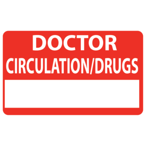 Emergency staff tag "DOCTOR CIRCULATION / DRUGS" - White on Red, 60mm x 100mm, 125 per roll