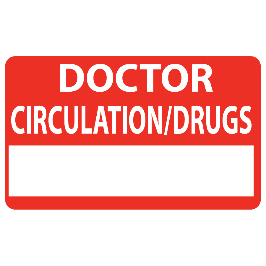 Emergency staff tag "DOCTOR CIRCULATION / DRUGS" - White on Red, 60mm x 100mm, 125 per roll