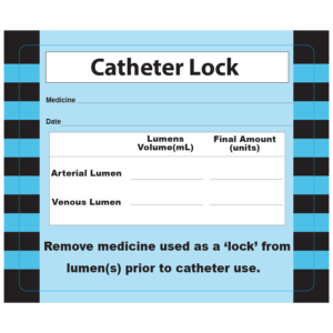 Catheter Lock - 60 x 50mm, perforated, vellum, perm adhesive, Blue as per specification, with 2 x Black/Blue hatched border lines, 500 per roll