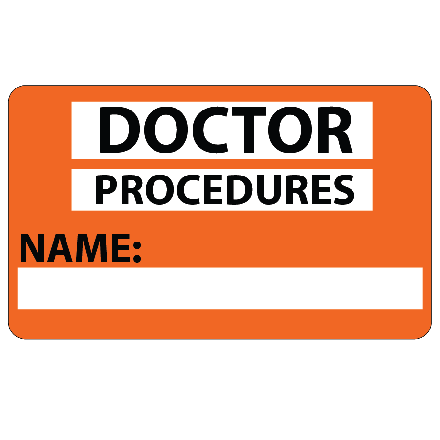Emergency staff tag "Doctor Procedures" - Black on Orange, 60mm x 100mm, 125 per roll