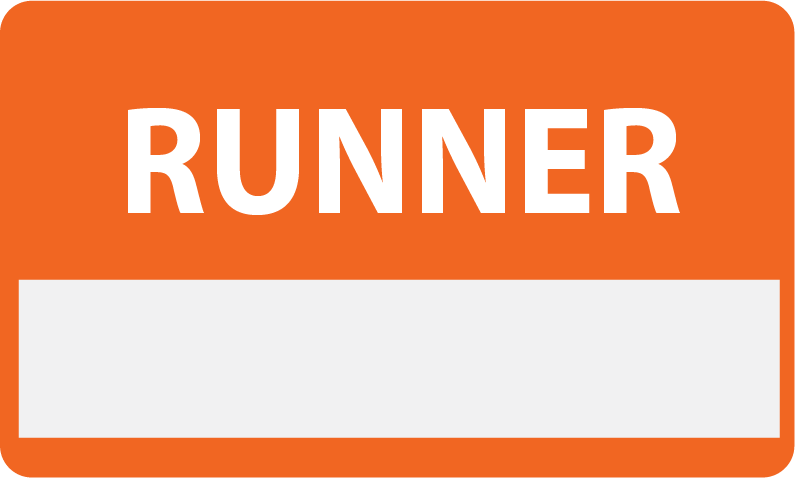 Emergency staff tag "RUNNER" - White on Orange, 60mm x 100mm, 125 per roll