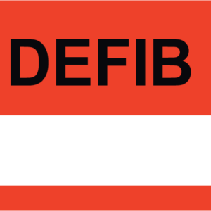 Emergency staff tag "DEFIB" - Black print on Red Label, 60mm x 100mm, 250 per roll