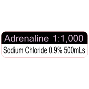 Adrenaline 1:1,000, 40 x 12 - Black print on Violet reverse print, Sodium Chloride 0.9% 500mLs - Black on White label Polypropylene with acrylic perm adhesive, 1 label sheet per pouch, 100 per pack - Gamma Sterlised