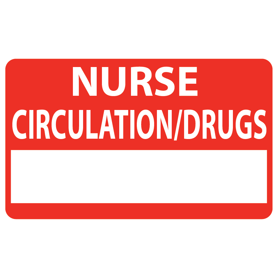 Emergency staff tag "NURSE CIRCULATION / DRUGS" - White on Red, 60mm x 100mm, 125 per roll