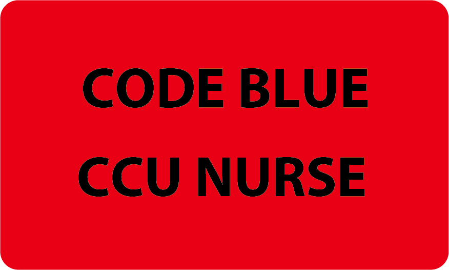 Emergency Staff Tag "CODE BLUE CCU NURSE " - Red label with Black print, 60mmx100mm 125 per roll