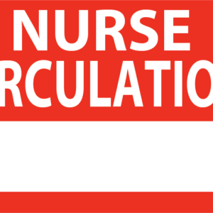 Emergency staff tag "NURSE CIRCULATION" - White on Red, 60mm x 100mm, 125 per roll