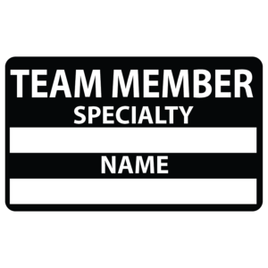 Emergency staff tag "TEAM MEMBER SPECIALITY NAME" - White on Black, 60mm x 100mm, 125 per roll