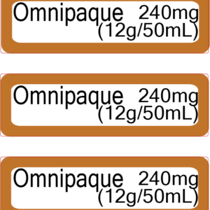Omnipaque 240mg/ml 12g Iodine/50ml (3 up per pouch) - Black on White with Brown border - Paper with acrylic perm adhesive, 100 pouches per box - GAMMA STERILISED