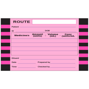 (Miscellaneous) ROUTE -100 x 60, perforated, vellum, perm adhesive, Pink 2 x Black/Pink hatched border, 500p/rl