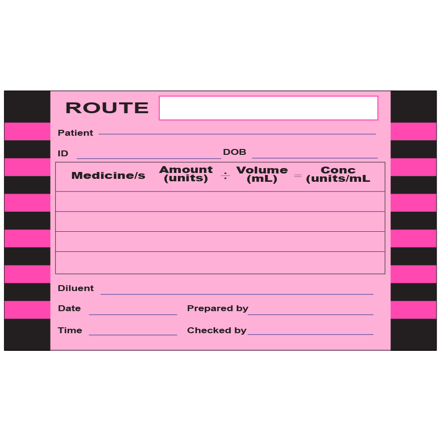 (Miscellaneous) ROUTE -100 x 60, perforated, vellum, perm adhesive, Pink 2 x Black/Pink hatched border, 500p/rl