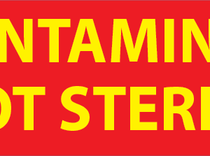 DECONTAMINATED NOT STERILE - Reversed Red on Yellow 70 x 20mm,  500 per roll