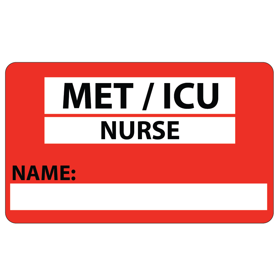 Emergency Staff tag "MET ICU NURSE" - ID tag Black on Red, 60mm x 100mm, 125 per roll
