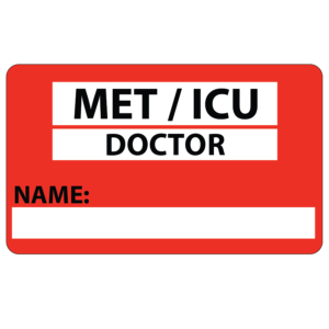 EMR-STAFF-TAG-028 "MET ICU DOCTOR" ID tag Black on Red 60mm x 100mm 125/rl