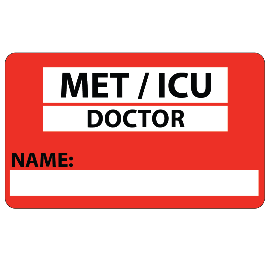 EMR-STAFF-TAG-028 "MET ICU DOCTOR" ID tag Black on Red 60mm x 100mm 125/rl