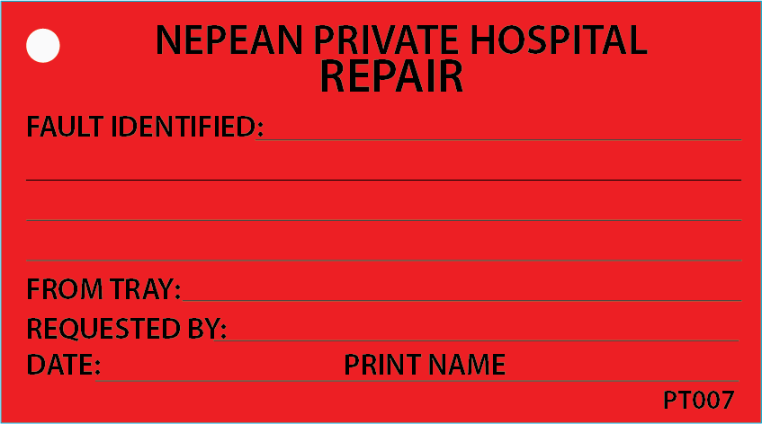 REPAIR - Black Print on Red (NEPEAN PRIVATE) 50 x 90, 100 per pack with Tie