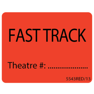 FAST TRACK Theatre # - 43mm x 55mm, PAPER, Black print on Red label, 400 per roll