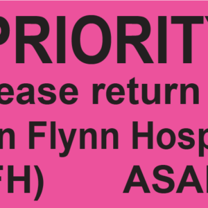 PRIORITY Return to JFH - 70x40mm, Black print on Fluoro Pink label, 500/roll