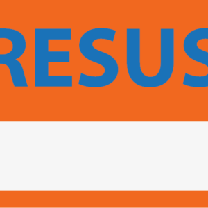 Emergency staff tag "RESUS" - Blue Print on Orange label with White, 60mm x 100mm, 250 per roll