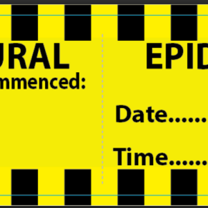 EPIDURAL - 70 x 25mm, perforated, vellum, perm adhesive Pantone Yellow with 4 x Black/Yellow hatched border lines, 500 per roll