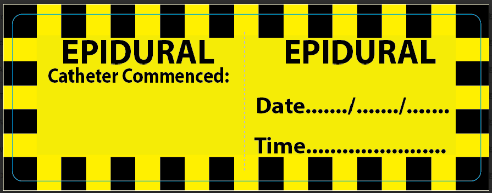 EPIDURAL - 70 x 25mm, perforated, vellum, perm adhesive Pantone Yellow with 4 x Black/Yellow hatched border lines, 500 per roll