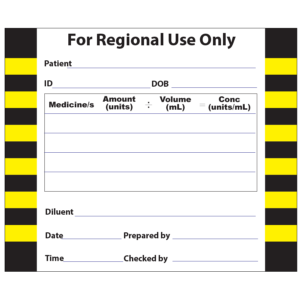 For REGIONAL Use Only - 60 x 50, VELLUM, White label with 2 x Black/Pantone Yellow hatched border lines, Perforated, 500 per roll