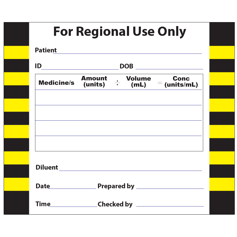 For REGIONAL Use Only - 60 x 50, VELLUM, White label with 2 x Black/Pantone Yellow hatched border lines, Perforated, 500 per roll