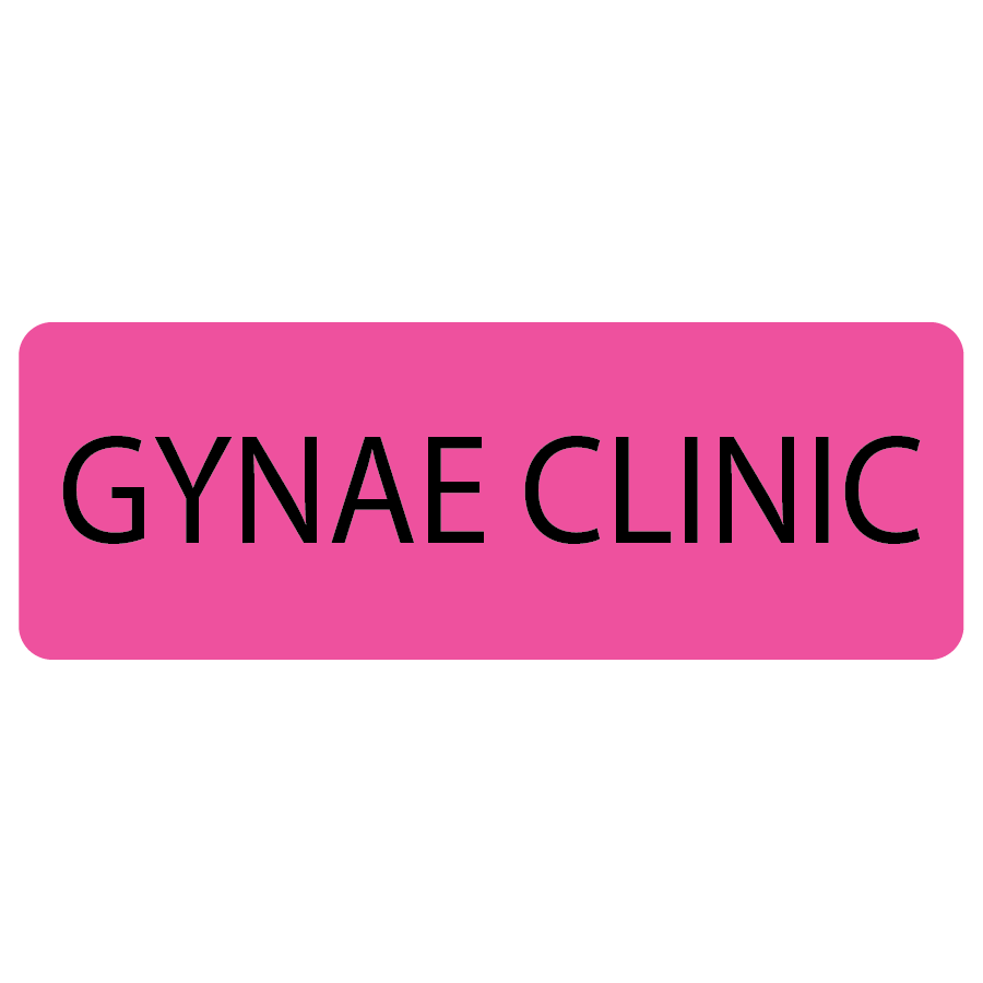 GYNAE CLINIC - 70 x 25, Paper, Black print on Fluoro Pink Label, 500 per roll