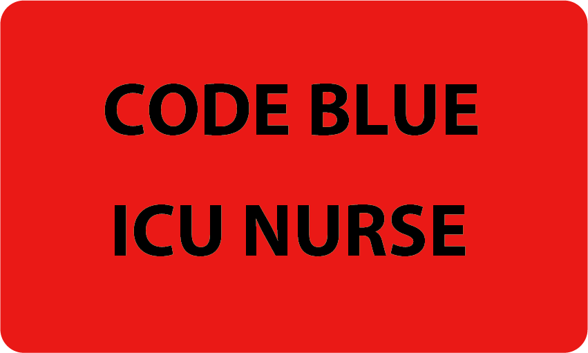 Emergency Staff Tag "CODE BLUE ICU NURSE" - Red label with Black print, 60mmx100mm 125 per roll