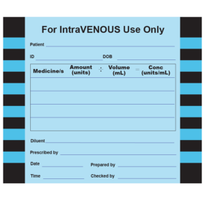 For IntraVENOUS Use Only-  60 x 50mm, Paper, perm adhesive, Blue , 500 per roll
