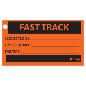 FAST TRACK , 90 x 50, Black print on Orange, 100 per packet with ties