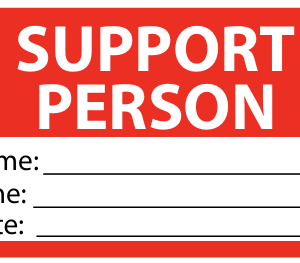 Emergency staff tag "SUPPORT PERSON" - White on Red, 60mm x 100mm, 250 per roll