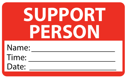 Emergency staff tag "SUPPORT PERSON" - White on Red, 60mm x 100mm, 250 per roll