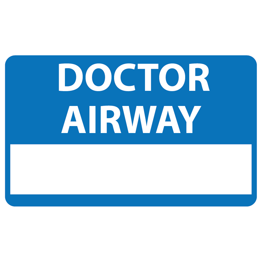 Emergency staff tag "DOCTOR AIRWAY" - White on Blue, 60mm x 100mm, 125 per roll