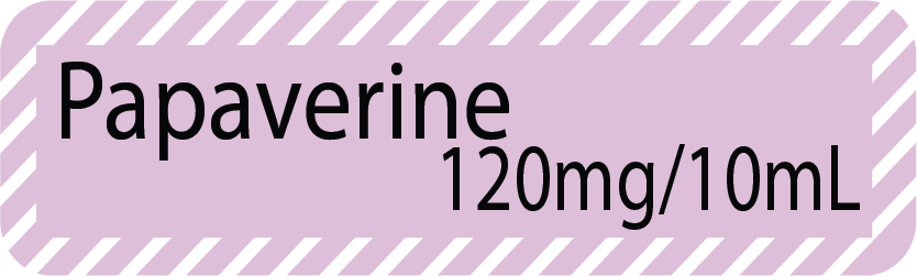 Papaverine (120mg/10ml) - Black on Violet with White Stripe Border - PAPER, 100 Per Pack Gamma Sterilised.