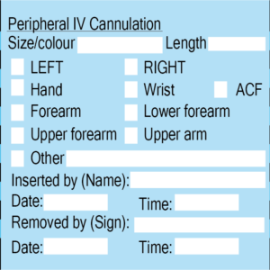 Peripheral IV Cannulation - Black on Blue, 100 x 60mm, Wide Edge Leading, PAPER, acrylic perm adhesive + Matt Laminate, 500 per roll