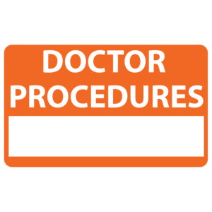 Emergency staff tag "DOCTOR PROCEDURES" - White on Orange, 60mm x 100mm, 125 per roll