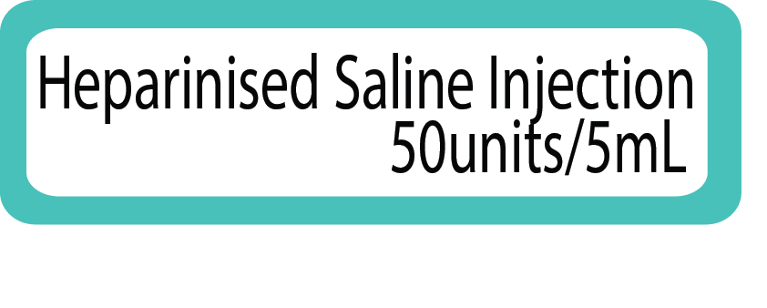 Heparinised Saline Injection 50 units/5ml - 40 x 12 - Black on White with Teal border - Paper with acrylic permanent adhesive 1 label sheet per pouch, 100 per pack - Gamma Sterlised