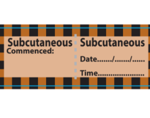Subcutaneous - 70 x 25mm, perforated, with 4 x Black/Beige hatched border lines, 500 per roll