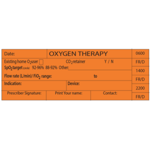 OXYGEN THERAPY LABEL - 1 UP Label sheet, 96mm x 34mm, POLY, Black Print on Orange label, 500 per roll on 38mm core