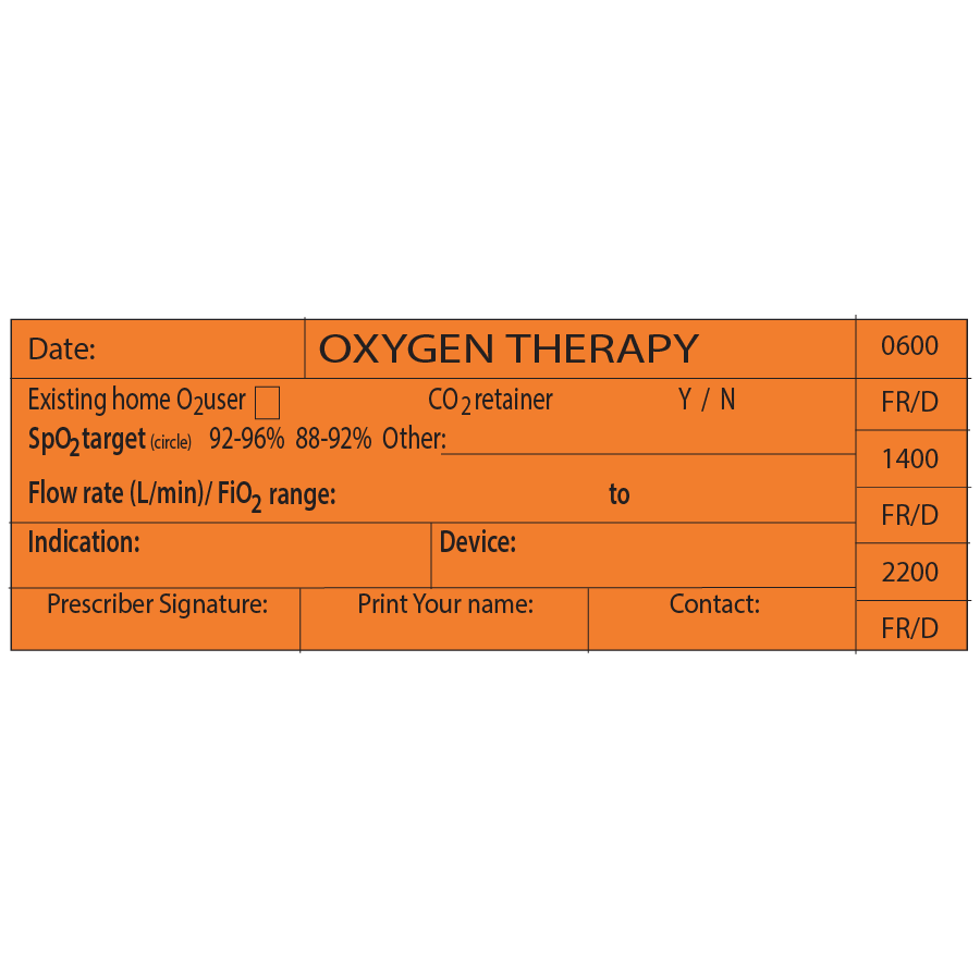 OXYGEN THERAPY LABEL - 1 UP Label sheet, 96mm x 34mm, POLY, Black Print on Orange label, 500 per roll on 38mm core