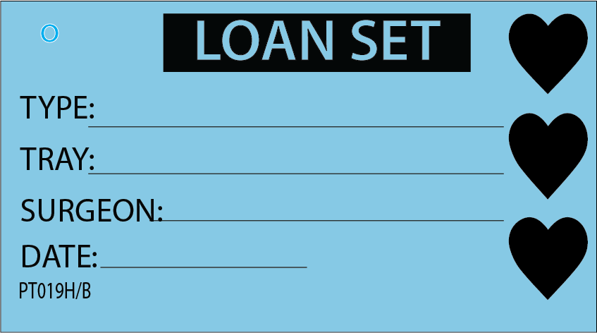 LOAN SET - 50 x 90, Black Print on Blue, with HEARTS, Packs of 100 with Ties