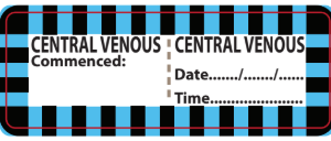 CENTRAL VENOUS - 70 x 25mm, perforated, vellum, Black on White Label with 4 x Black/Blue hatched border lines, 500 per roll