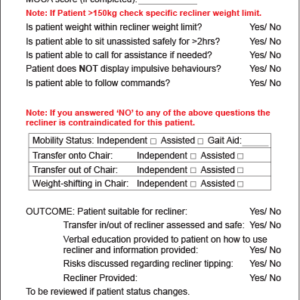 RECLINER CHECKLIST-  A4 label Sheet with two A5 labels, 210 x 148,  PAPER, 100 Sheets per pack