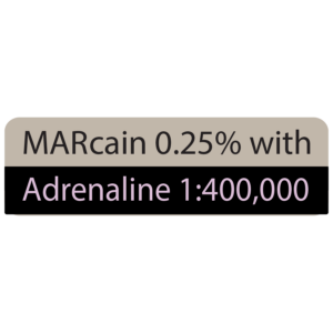 MARcain 0.25% with Adrenaline 1:400,000 - 40 x 12 - Black print on Grey Label with black on violet reverse print, Paper with acrylic permanent adhesive 100 per box, Gamma Sterlised