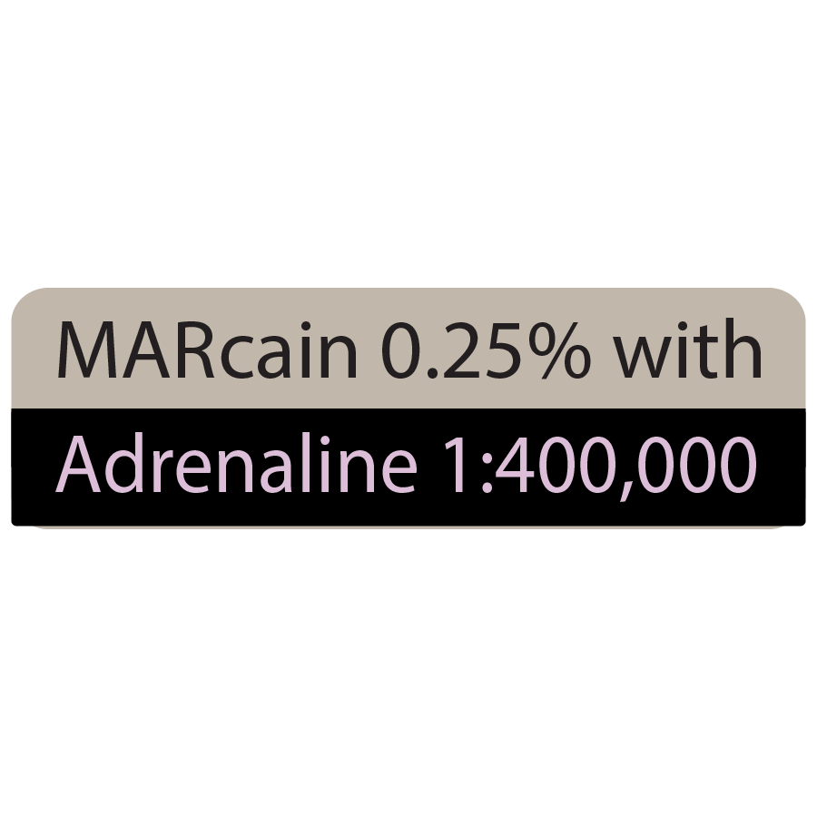 MARcain 0.25% with Adrenaline 1:400,000 - 40 x 12 - Black print on Grey Label with black on violet reverse print, Paper with acrylic permanent adhesive 100 per box, Gamma Sterlised