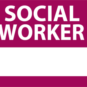 Emergency staff tag "SOCIAL WORKER" - White on Purple, 60mm x 100mm, 125 per roll