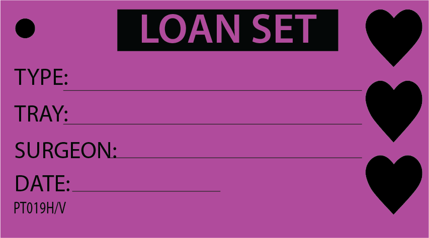 LOAN SET - 50 x 90, Black Print on Violet, with HEARTS, Packs of 100 with Ties