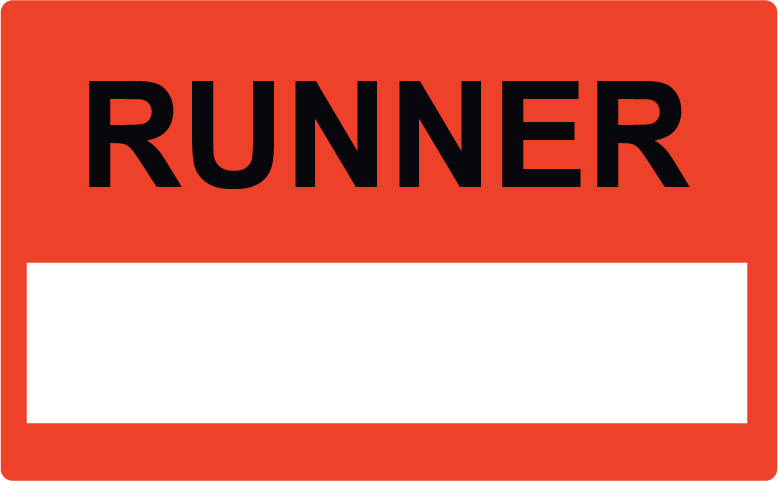 Emergency staff tag "RUNNER" - Black print on Red Label, 60mm x 100mm, 250 per roll