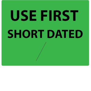 USE FIRST SHORT DATED - 27mm x 36mm, PAPER, Black print on Green label , 400 per roll.