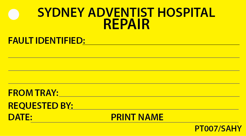 REPAIR - Black Print on Yellow (SYDNEY ADVENTIST) 50 x 90, 100 per pack with Tie